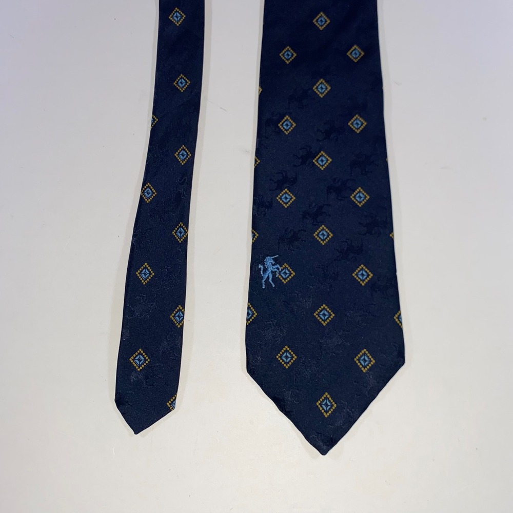 Bronzini Mens Navy Blue Silk Tie Geometric Diamond Unicorn Jacquard Pattern